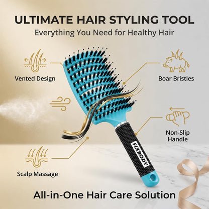 Boar Bristle Hair Brush, Curved Vent Detangling Brush for Wet & Dry Hair