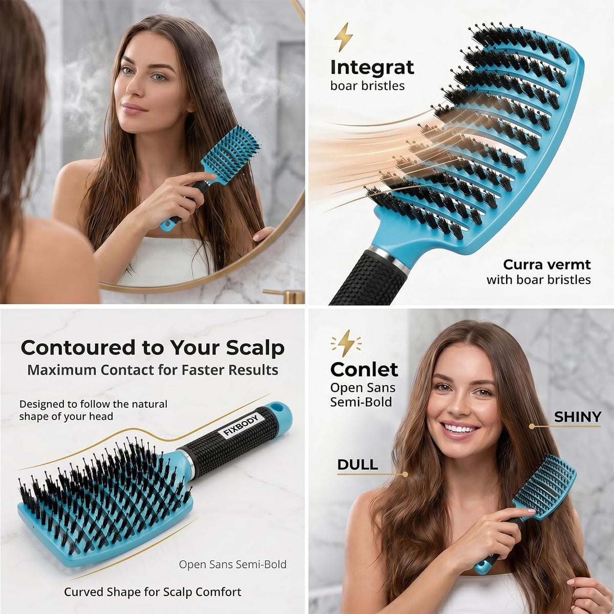 Boar Bristle Hair Brush, Curved Vent Detangling Brush for Wet & Dry Hair