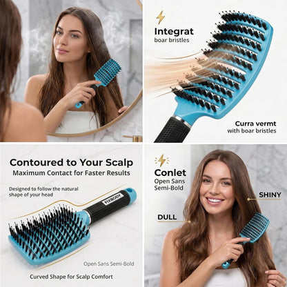 Boar Bristle Hair Brush, Curved Vent Detangling Brush for Wet & Dry Hair