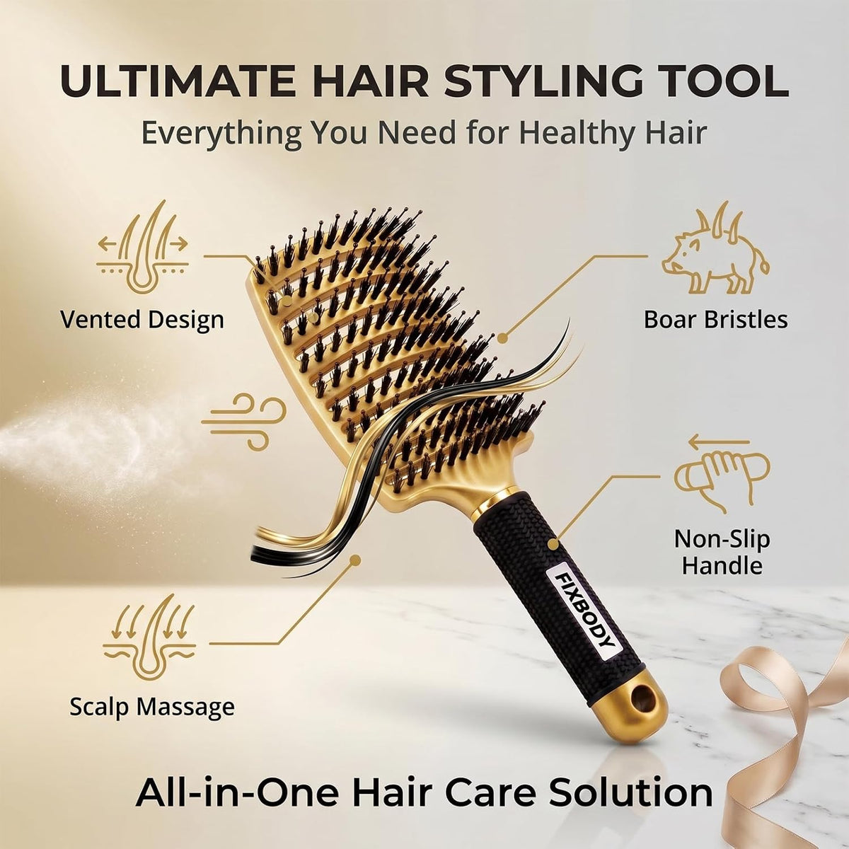 Boar Bristle Hair Brush, Curved Vent Detangling Brush for Wet & Dry Hair
