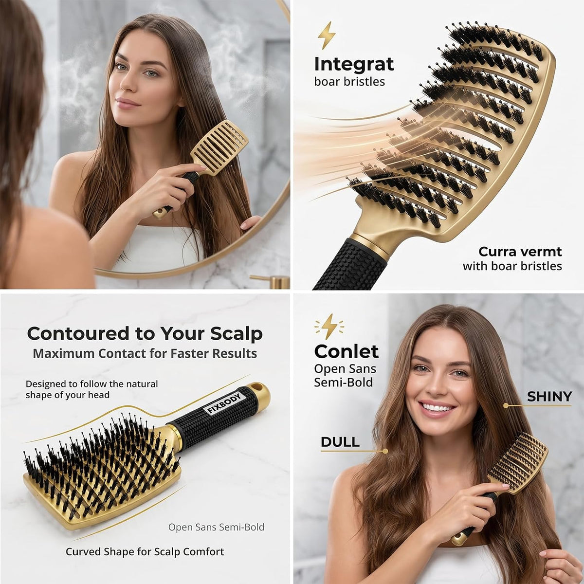 Boar Bristle Hair Brush, Curved Vent Detangling Brush for Wet & Dry Hair