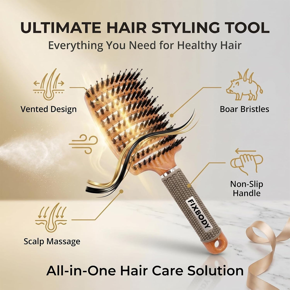 Boar Bristle Hair Brush, Curved Vent Detangling Brush for Wet & Dry Hair
