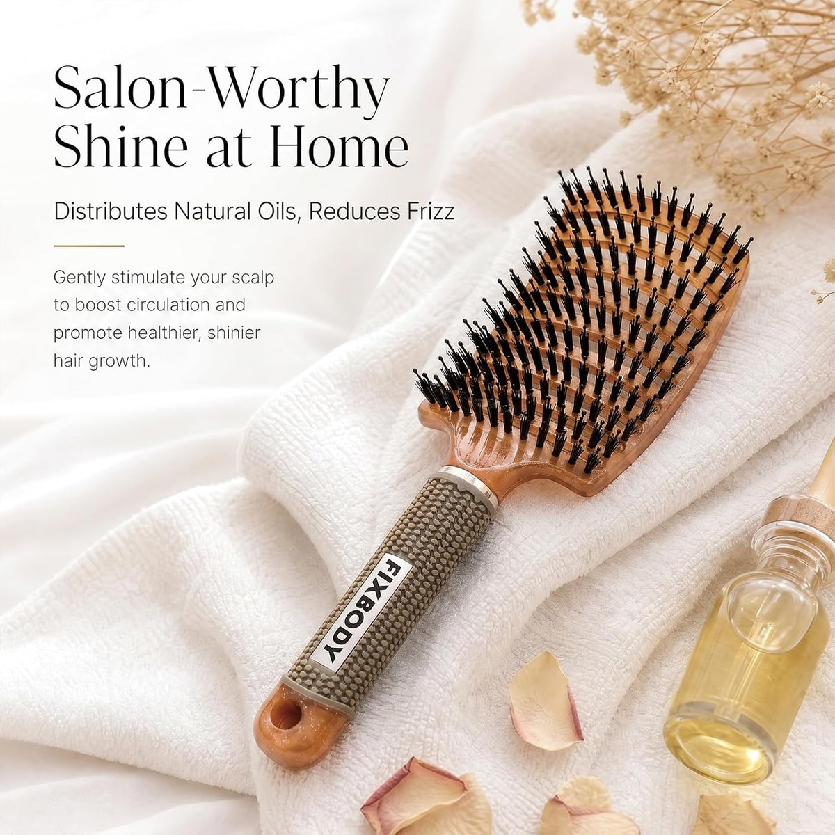 Boar Bristle Hair Brush, Curved Vent Detangling Brush for Wet & Dry Hair