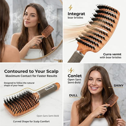 Boar Bristle Hair Brush, Curved Vent Detangling Brush for Wet & Dry Hair