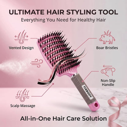 Boar Bristle Hair Brush, Curved Vent Detangling Brush for Wet & Dry Hair