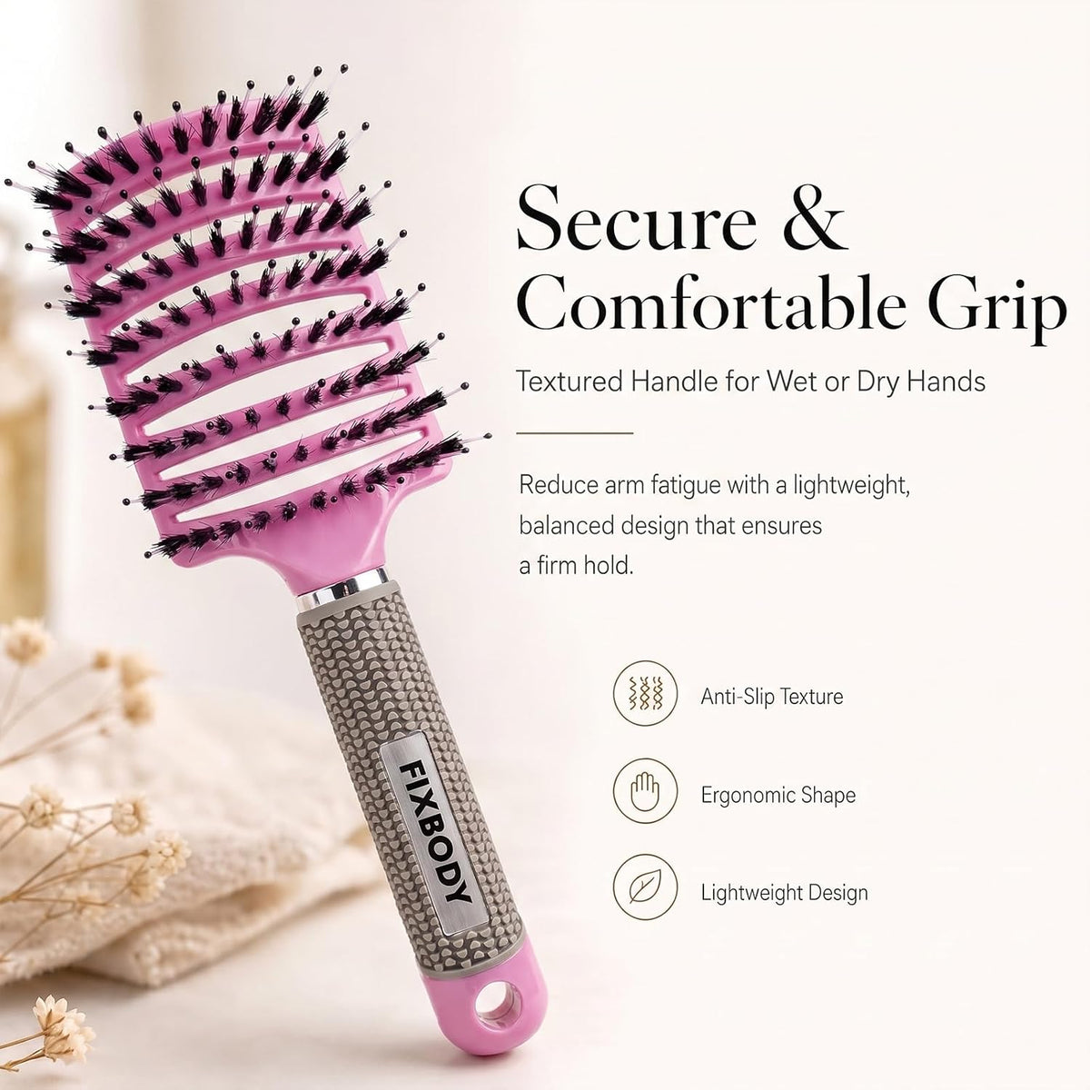 Boar Bristle Hair Brush, Curved Vent Detangling Brush for Wet & Dry Hair