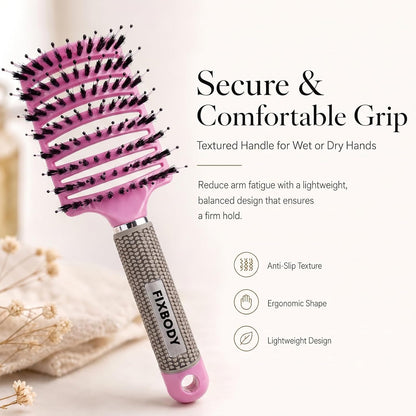 Boar Bristle Hair Brush, Curved Vent Detangling Brush for Wet & Dry Hair