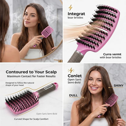 Boar Bristle Hair Brush, Curved Vent Detangling Brush for Wet & Dry Hair