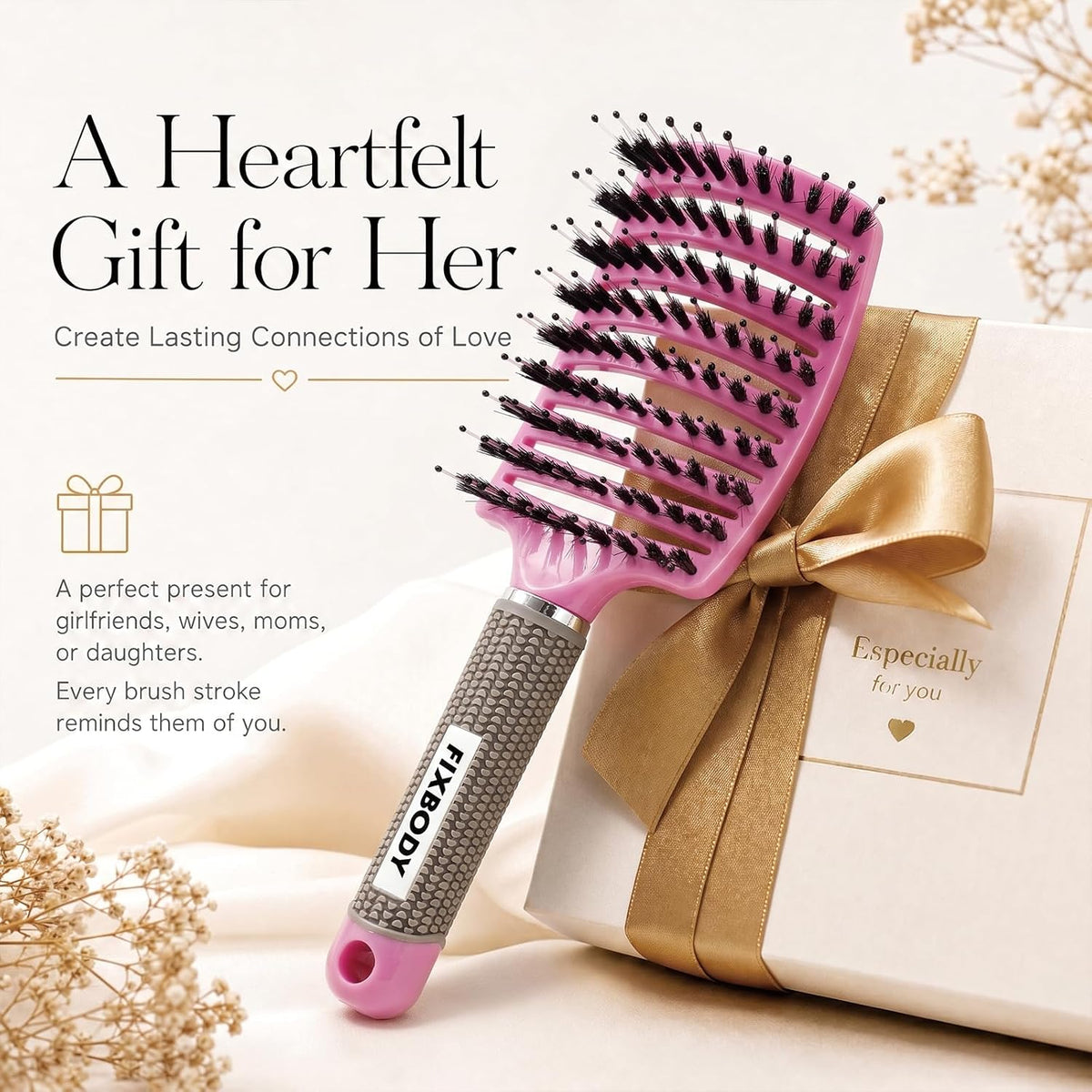 Boar Bristle Hair Brush, Curved Vent Detangling Brush for Wet & Dry Hair