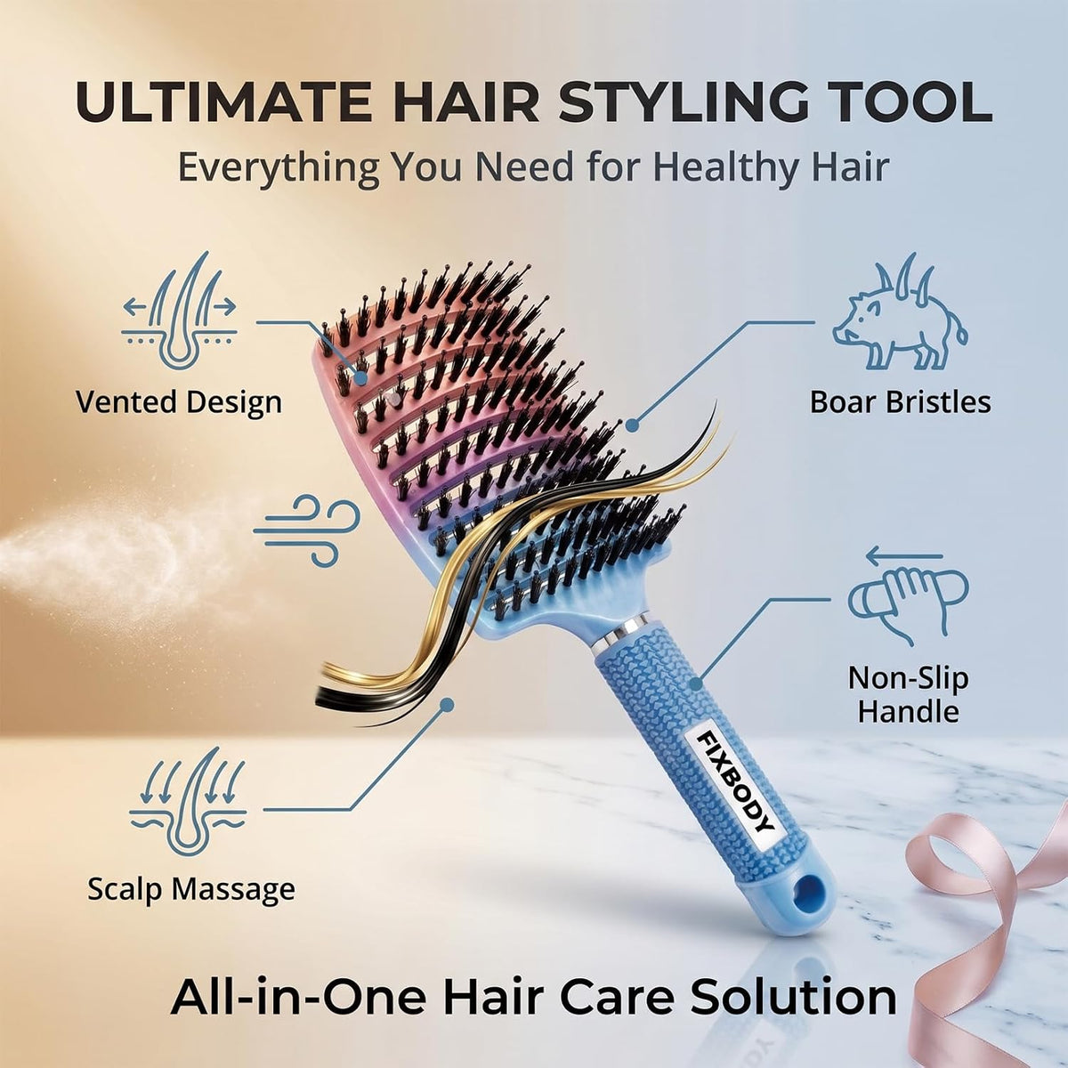 Boar Bristle Hair Brush, Curved Vent Detangling Brush for Wet & Dry Hair