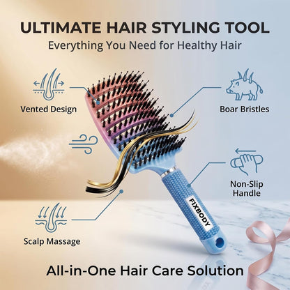 Boar Bristle Hair Brush, Curved Vent Detangling Brush for Wet & Dry Hair