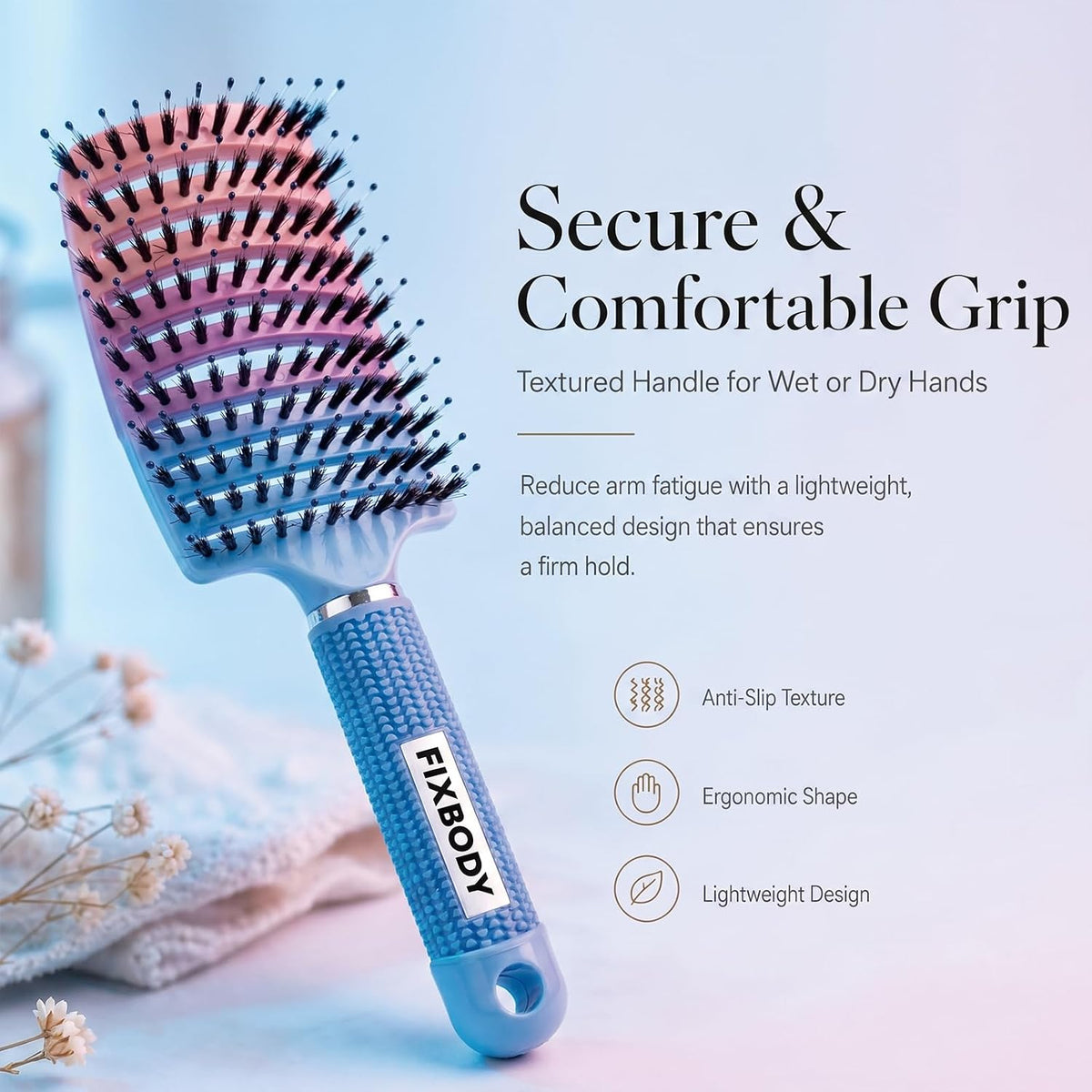 Boar Bristle Hair Brush, Curved Vent Detangling Brush for Wet & Dry Hair
