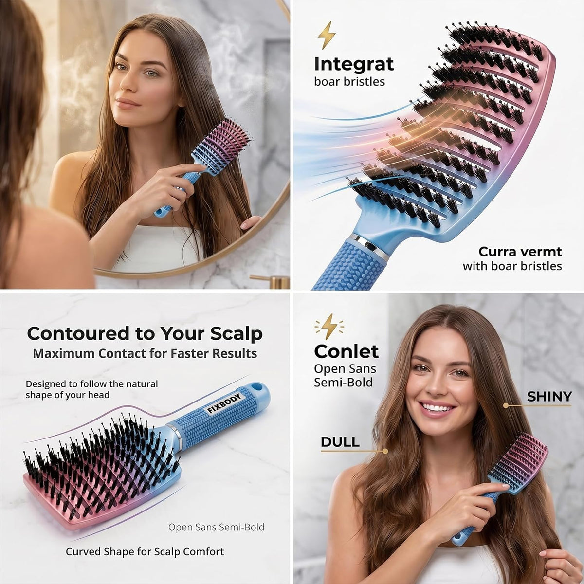 Boar Bristle Hair Brush, Curved Vent Detangling Brush for Wet & Dry Hair