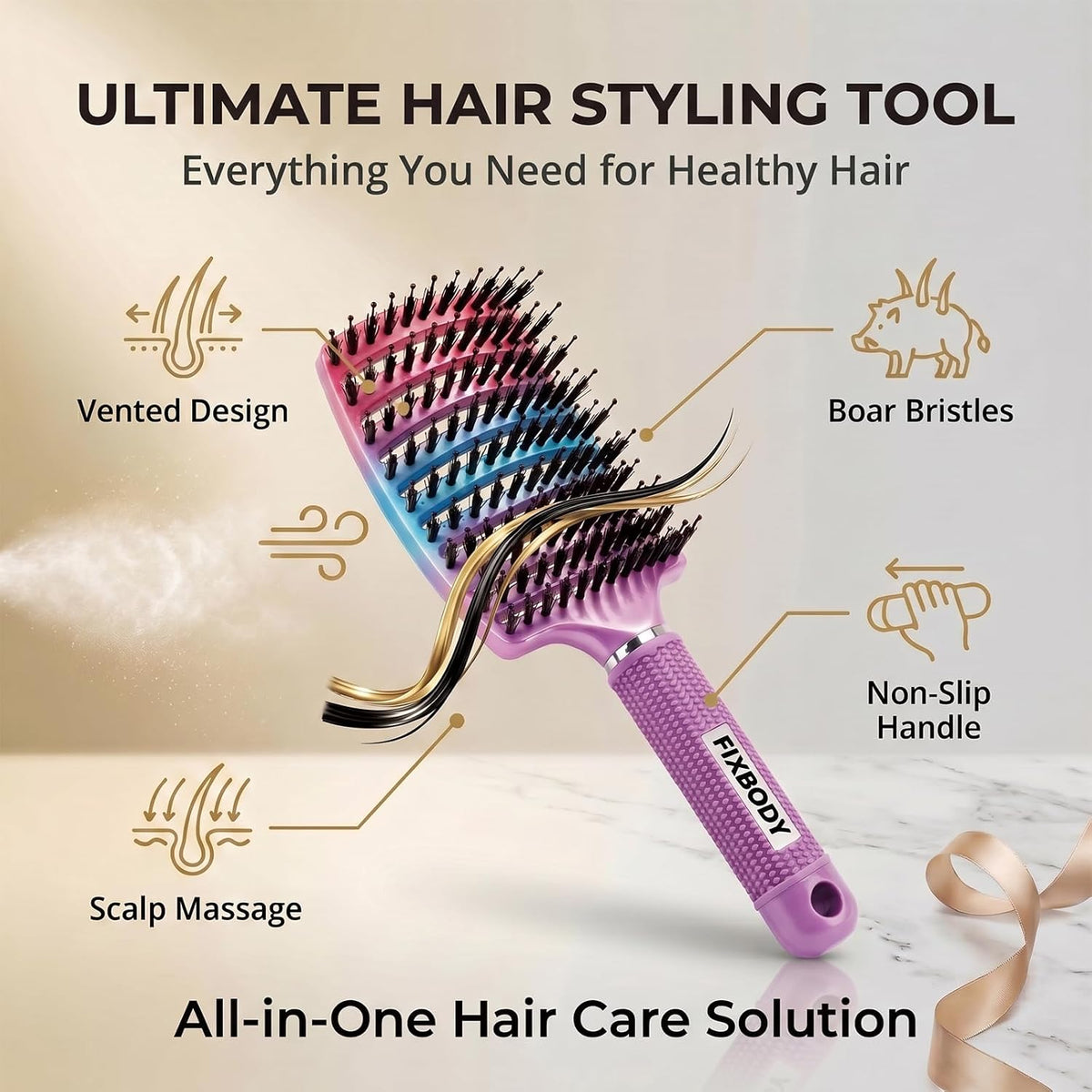 Boar Bristle Hair Brush, Curved Vent Detangling Brush for Wet & Dry Hair
