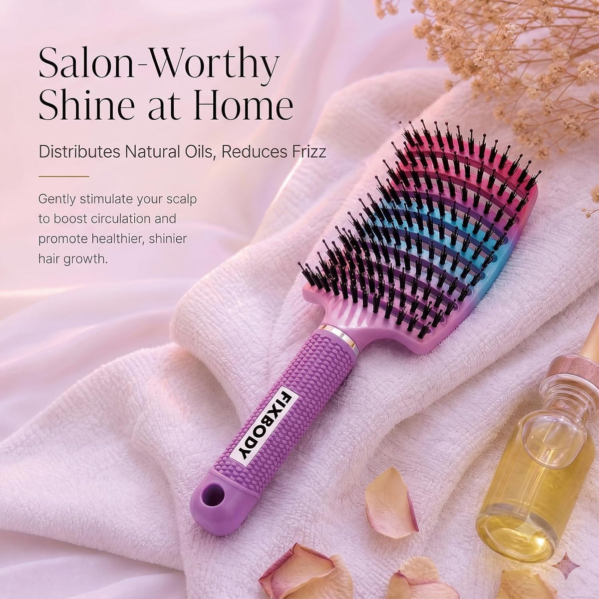 Boar Bristle Hair Brush, Curved Vent Detangling Brush for Wet & Dry Hair