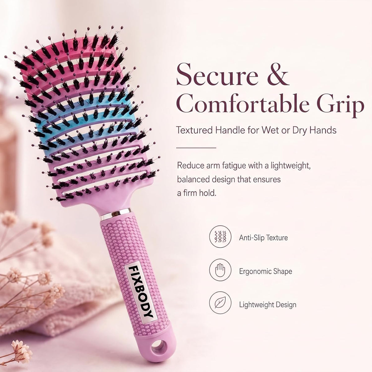 Boar Bristle Hair Brush, Curved Vent Detangling Brush for Wet & Dry Hair