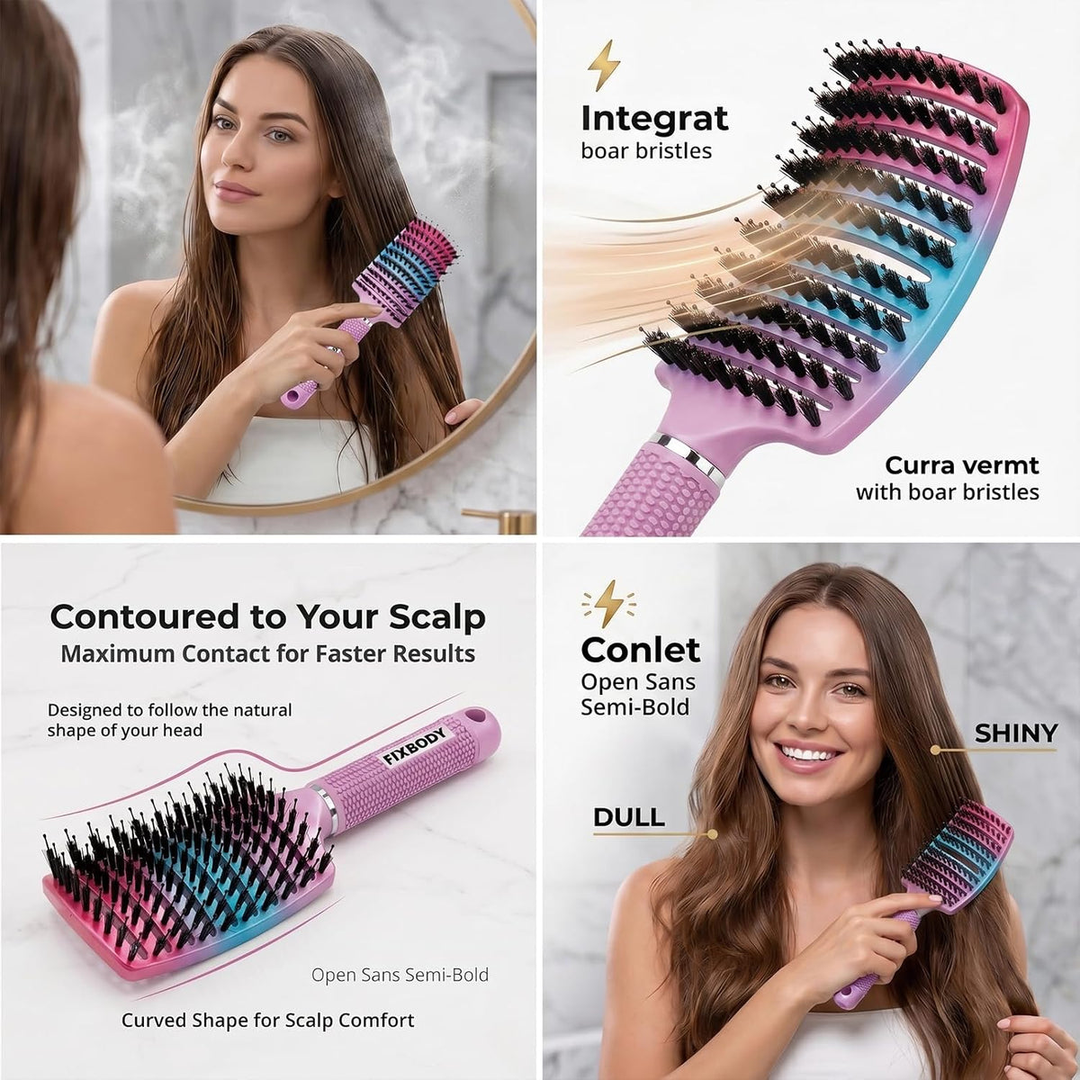 Boar Bristle Hair Brush, Curved Vent Detangling Brush for Wet & Dry Hair