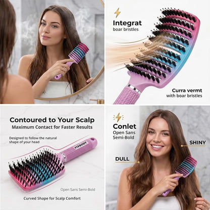 Boar Bristle Hair Brush, Curved Vent Detangling Brush for Wet & Dry Hair