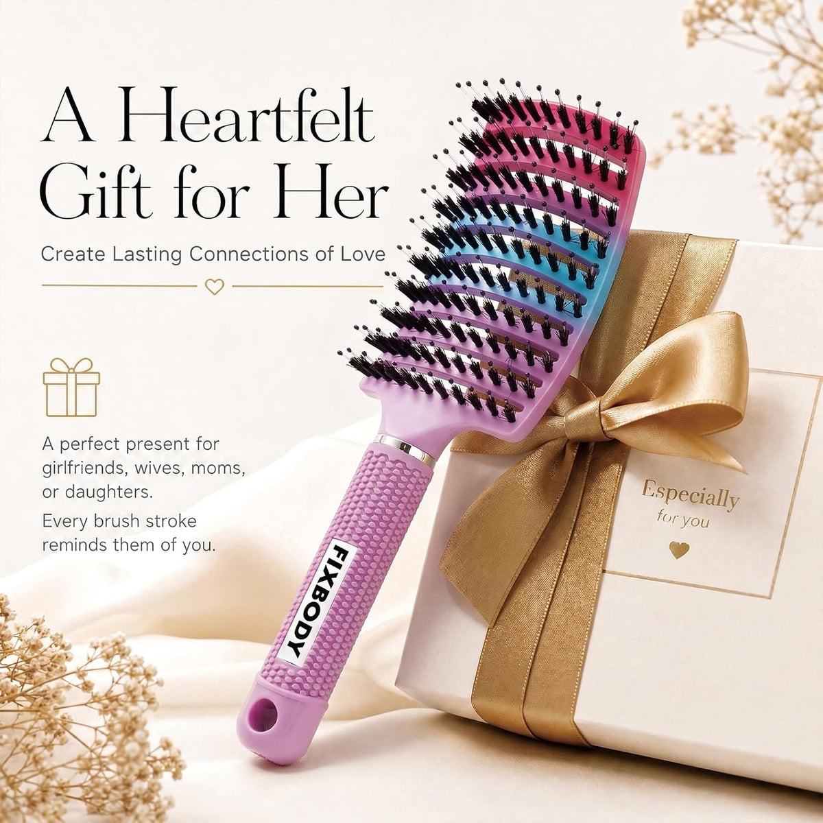 Boar Bristle Hair Brush, Curved Vent Detangling Brush for Wet & Dry Hair