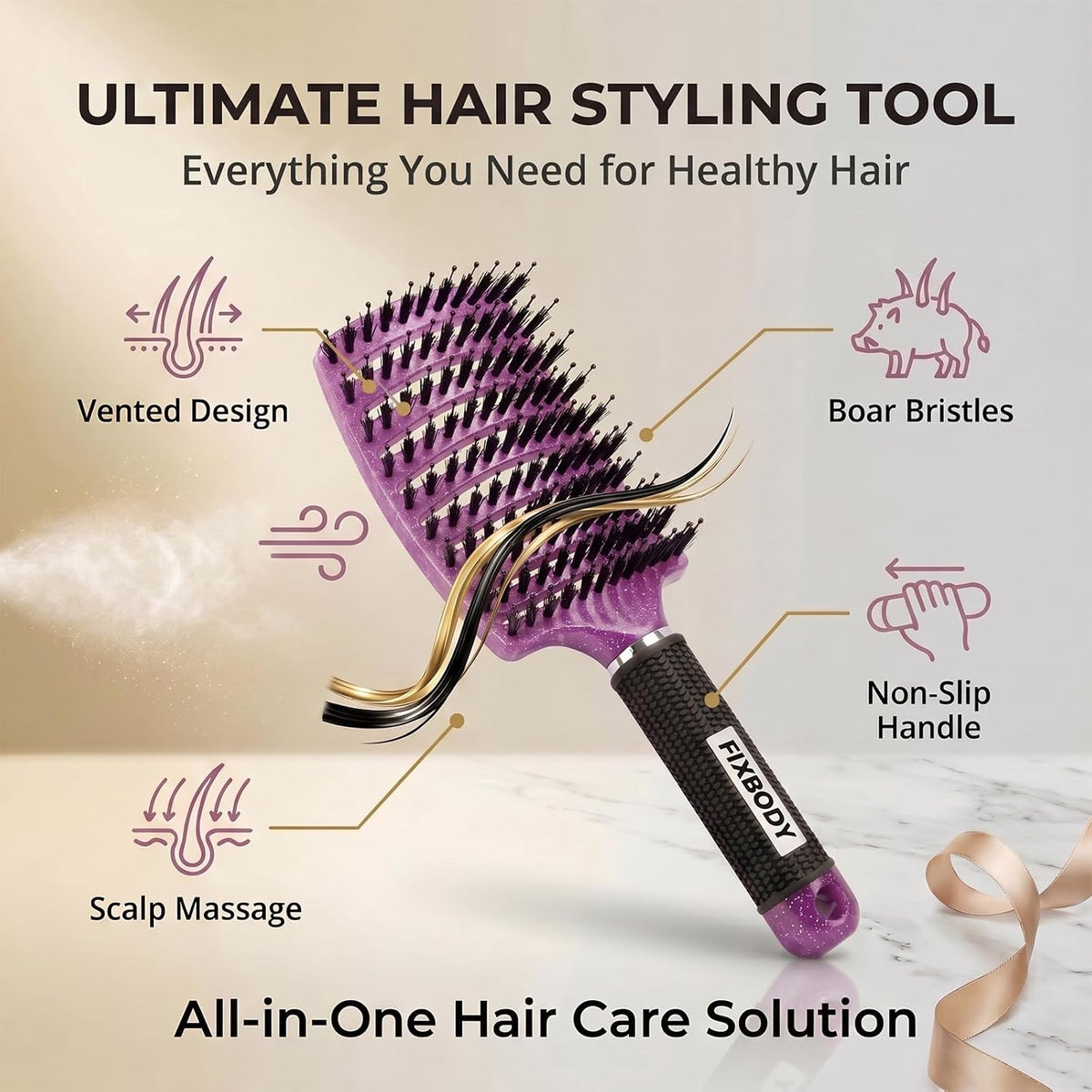 Boar Bristle Hair Brush, Curved Vent Detangling Brush for Wet & Dry Hair