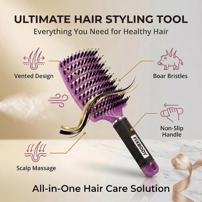 Boar Bristle Hair Brush, Curved Vent Detangling Brush for Wet & Dry Hair