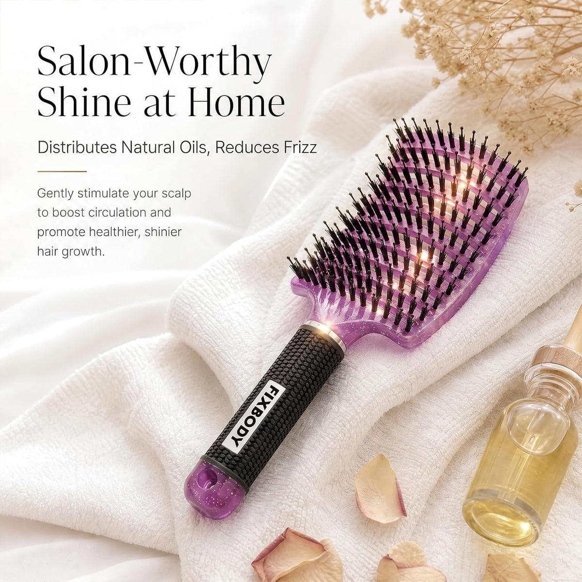 Boar Bristle Hair Brush, Curved Vent Detangling Brush for Wet & Dry Hair