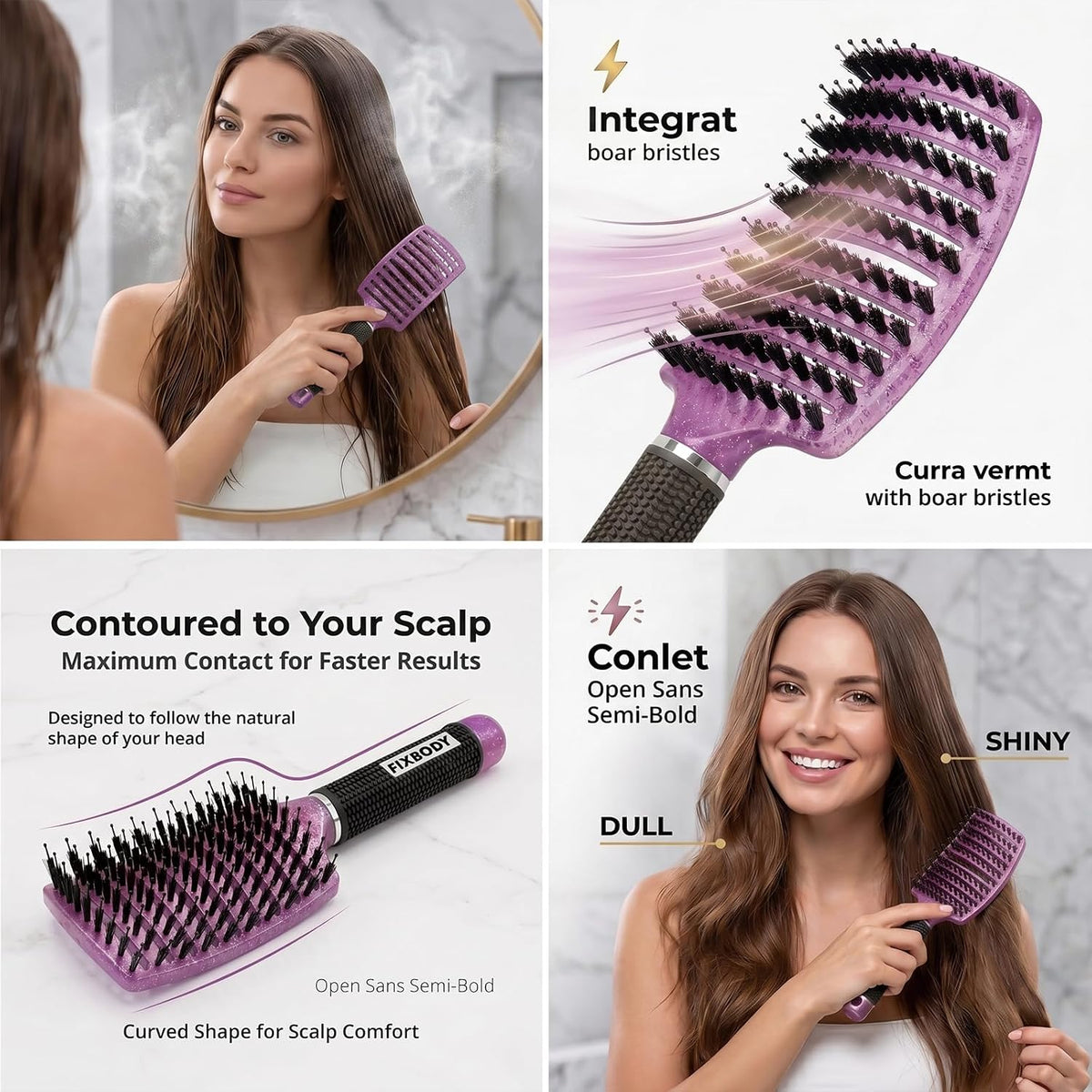 Boar Bristle Hair Brush, Curved Vent Detangling Brush for Wet & Dry Hair