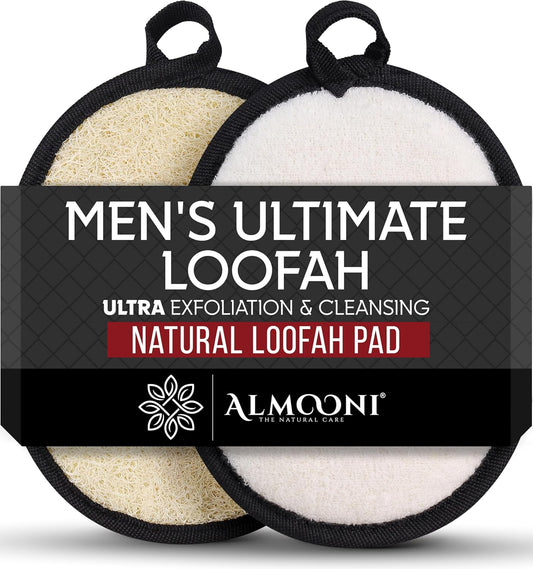 Loofah Sponge Body Scrubber for Men, Black, 2 Count | Natural Egyptian Loofah with Handle Strap, Dual-Sided with Cotton Back, Exfoliating Body Scrubber Loofah for Men