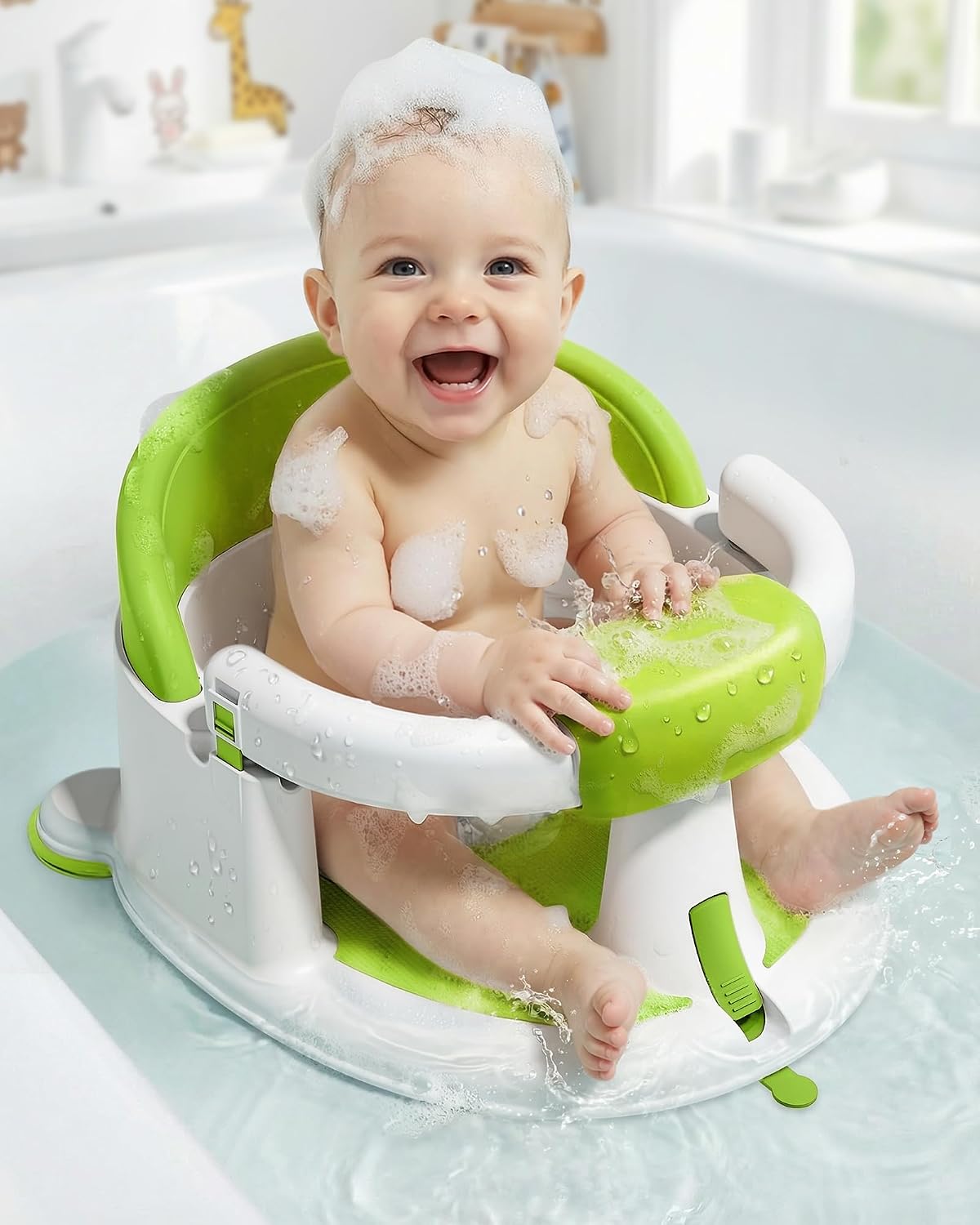 ONTHEWEI Baby Bath Seats for Babies Sitting Up, Non-Slip Baby Bathtub with 3 Suction Cups, Safe & Comfortable Toddler Bath Seat Ideal for Baby Bath/Shower Support, Stable Design, Mist Green