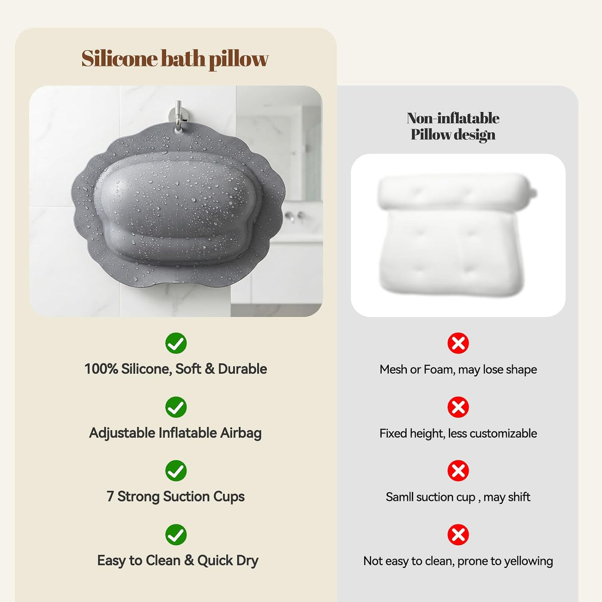 Silicone Bath Pillow for Tub Travel Inflatable Head Neck Support