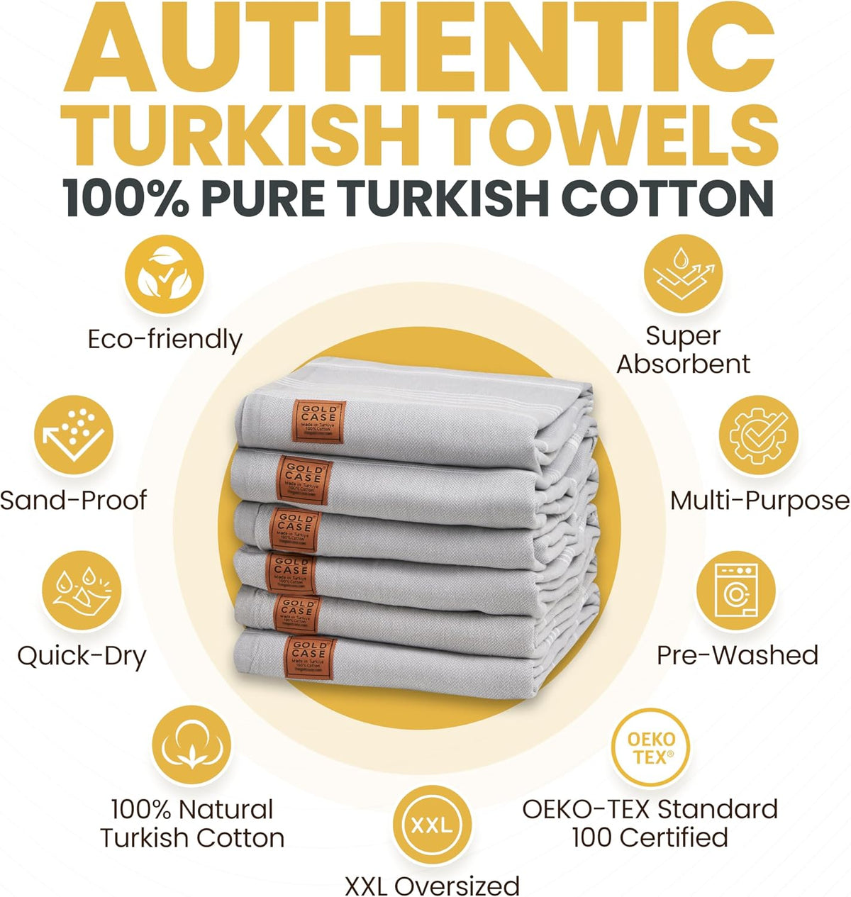 Gold CASE LYCIA Turkish Beach Towel Set of 6 – 100% Cotton Turkish Beach Towels Bulk 70 x 38'' – LYCIA Oversized, Quick Dry & Sand Free Beach Towel – Lightweight Towels Set in Tones of Green