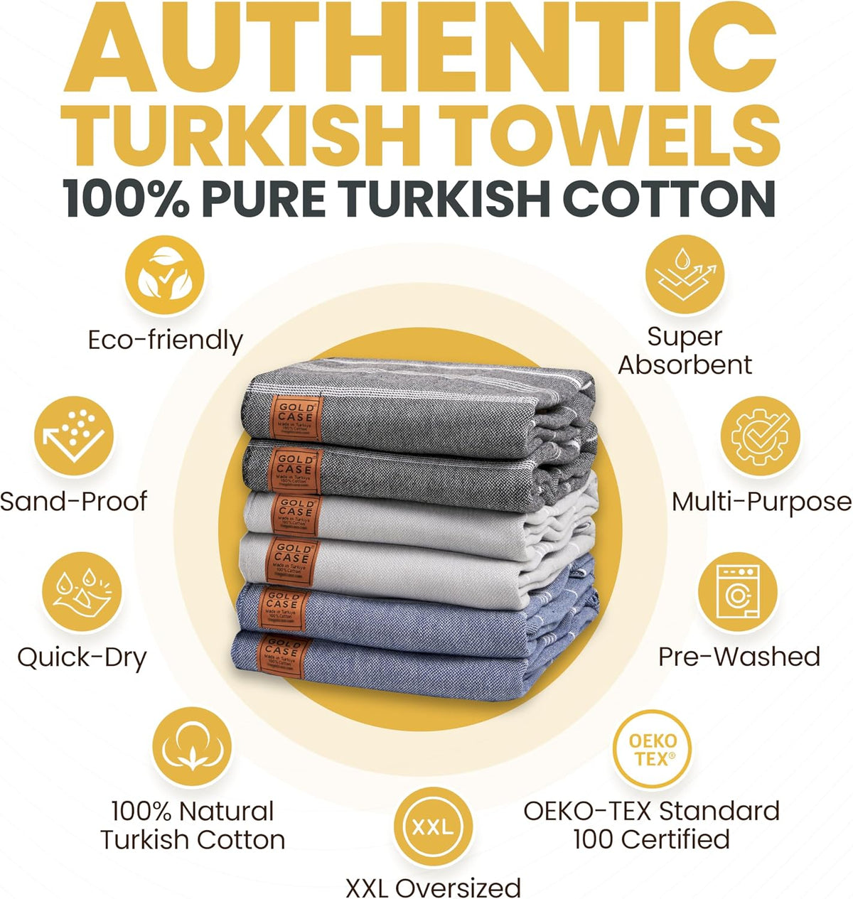 Gold CASE LYCIA Turkish Beach Towel Set of 6 – 100% Cotton Turkish Beach Towels Bulk 70 x 38'' – LYCIA Oversized, Quick Dry & Sand Free Beach Towel – Lightweight Towels Set in Tones of Green
