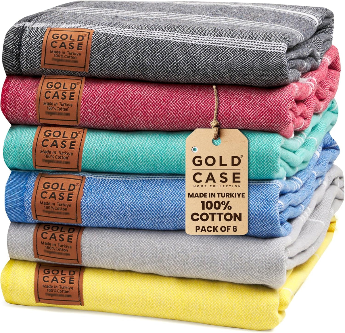 Gold CASE LYCIA Turkish Beach Towel Set of 6 – 100% Cotton Turkish Beach Towels Bulk 70 x 38'' – LYCIA Oversized, Quick Dry & Sand Free Beach Towel – Lightweight Towels Set in Tones of Green
