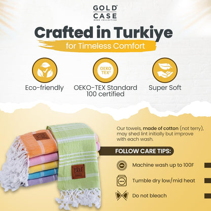 Gold CASE LYCIA Turkish Beach Towel Set of 6 – 100% Cotton Turkish Beach Towels Bulk 70 x 38'' – LYCIA Oversized, Quick Dry & Sand Free Beach Towel – Lightweight Towels Set in Tones of Green