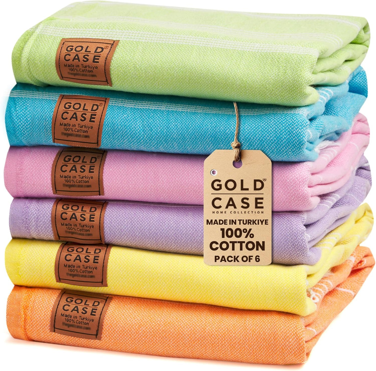 Gold CASE LYCIA Turkish Beach Towel Set of 6 – 100% Cotton Turkish Beach Towels Bulk 70 x 38'' – LYCIA Oversized, Quick Dry & Sand Free Beach Towel – Lightweight Towels Set in Tones of Green