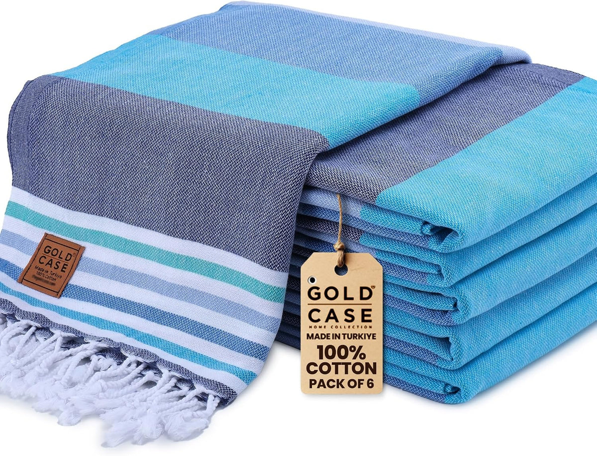 Gold CASE LYCIA Turkish Beach Towel Set of 6 – 100% Cotton Turkish Beach Towels Bulk 70 x 38'' – LYCIA Oversized, Quick Dry & Sand Free Beach Towel – Lightweight Towels Set in Tones of Green