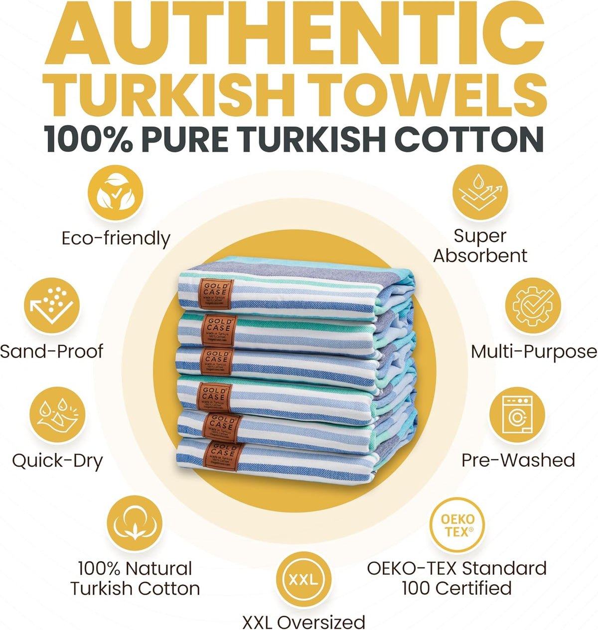 Gold CASE LYCIA Turkish Beach Towel Set of 6 – 100% Cotton Turkish Beach Towels Bulk 70 x 38'' – LYCIA Oversized, Quick Dry & Sand Free Beach Towel – Lightweight Towels Set in Tones of Green