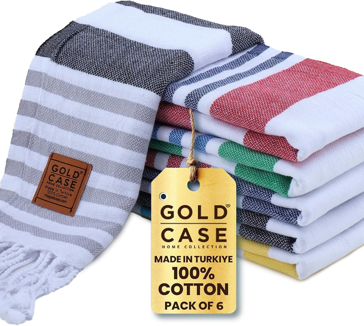 Gold CASE LYCIA Turkish Beach Towel Set of 6 – 100% Cotton Turkish Beach Towels Bulk 70 x 38'' – LYCIA Oversized, Quick Dry & Sand Free Beach Towel – Lightweight Towels Set in Tones of Green