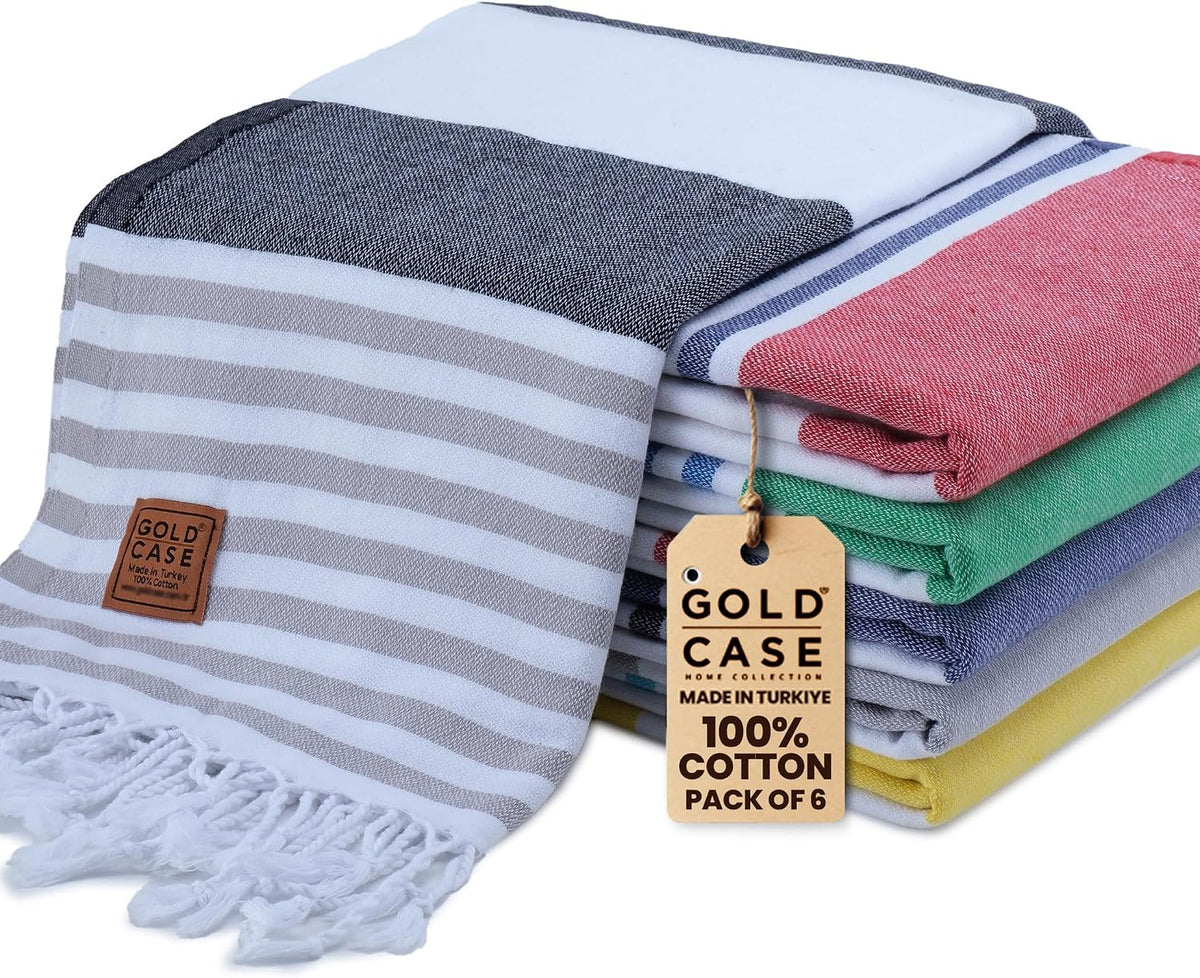 Gold CASE LYCIA Turkish Beach Towel Set of 6 – 100% Cotton Turkish Beach Towels Bulk 70 x 38'' – LYCIA Oversized, Quick Dry & Sand Free Beach Towel – Lightweight Towels Set in Tones of Green