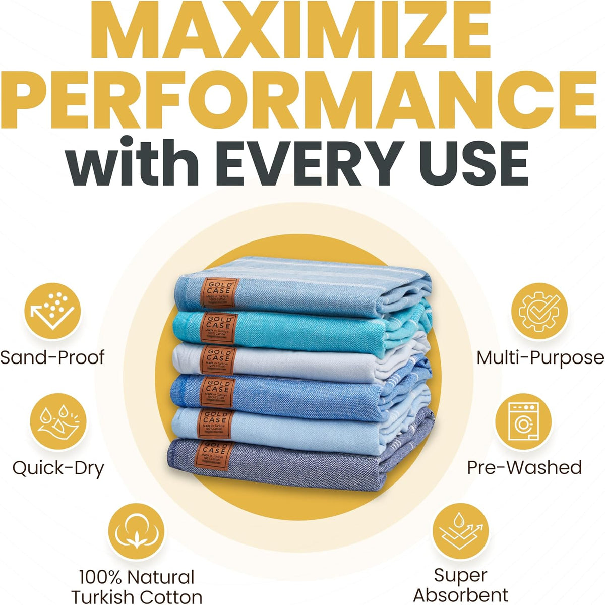 Gold CASE LYCIA Turkish Beach Towel Set of 6 – 100% Cotton Turkish Beach Towels Bulk 70 x 38'' – LYCIA Oversized, Quick Dry & Sand Free Beach Towel – Lightweight Towels Set in Tones of Green