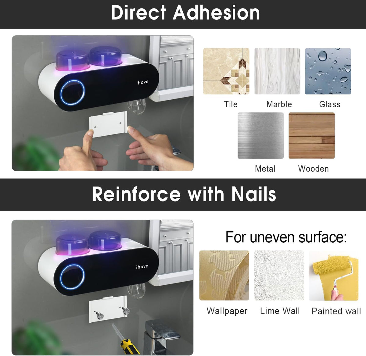 UV Toothbrush Sanitizer Holder Wall Mount Toothpaste Dispenser, 2-Cup