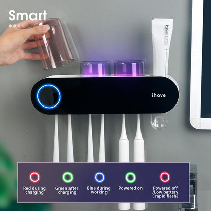 UV Toothbrush Sanitizer Holder Wall Mount Toothpaste Dispenser, 2-Cup