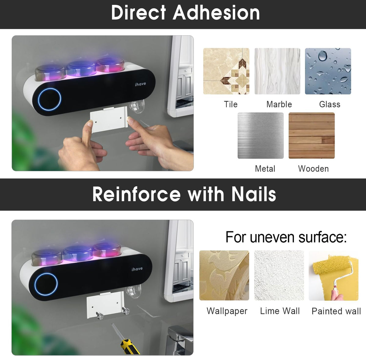 UV Toothbrush Sanitizer Holder Wall Mount Toothpaste Dispenser, 2-Cup