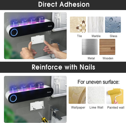 UV Toothbrush Sanitizer Holder Wall Mount Toothpaste Dispenser, 2-Cup