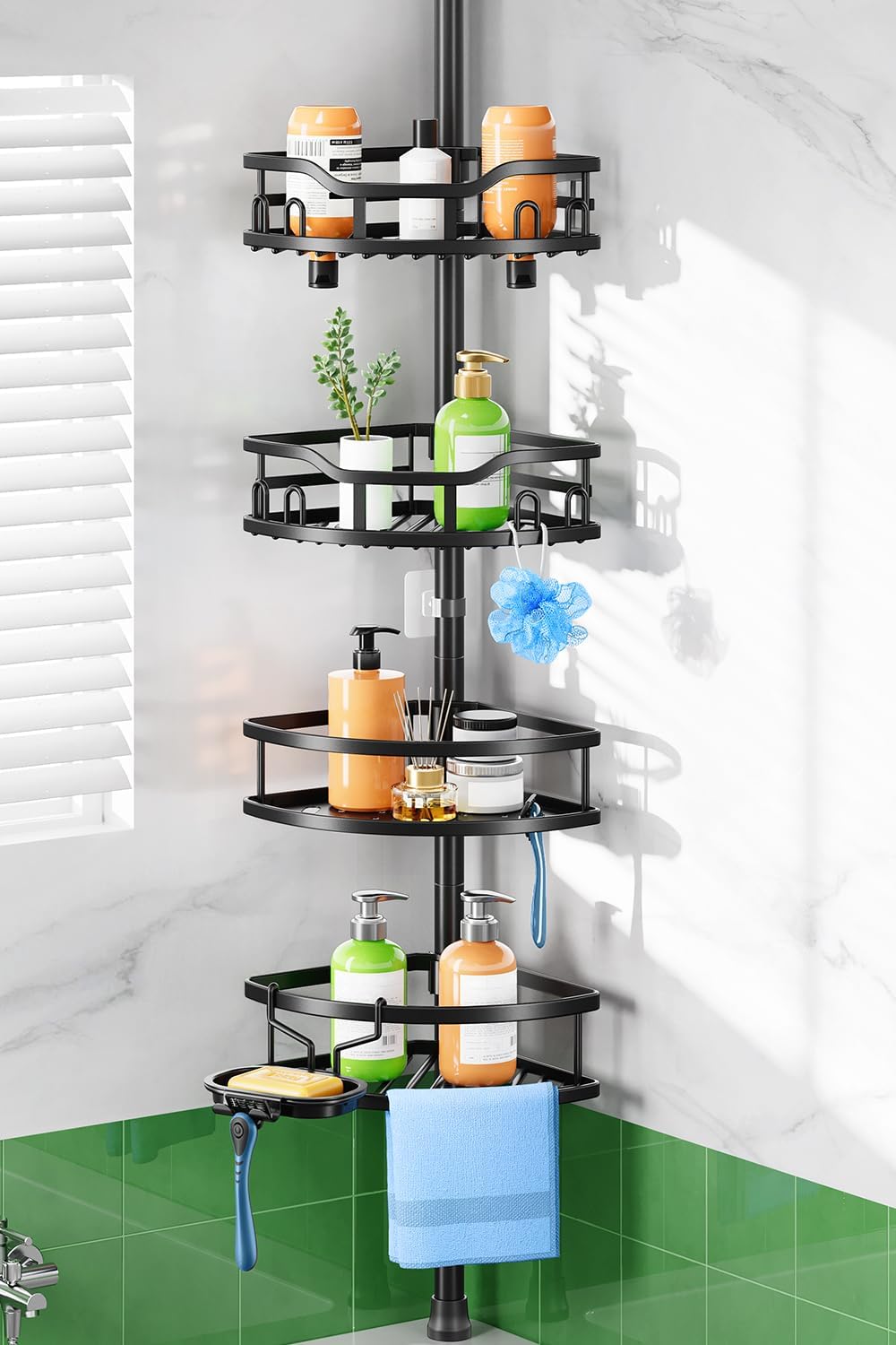 Shower Caddy Tension Pole: Rustproof Quick Install Standing Corner Bathroom Organizer Shelf on Floor for Renters - 4-Tier Large Capacity Storage Rack with Soap Holder for Apartment -Black