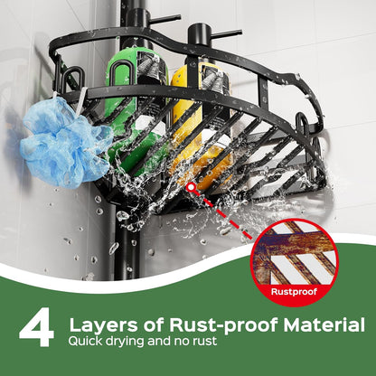 Shower Caddy Tension Pole: Rustproof Quick Install Standing Corner Bathroom Organizer Shelf on Floor for Renters - 4-Tier Large Capacity Storage Rack with Soap Holder for Apartment -Black