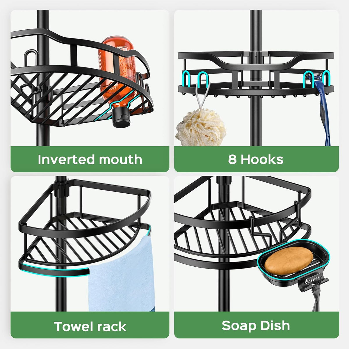 Shower Caddy Tension Pole: Rustproof Quick Install Standing Corner Bathroom Organizer Shelf on Floor for Renters - 4-Tier Large Capacity Storage Rack with Soap Holder for Apartment -Black
