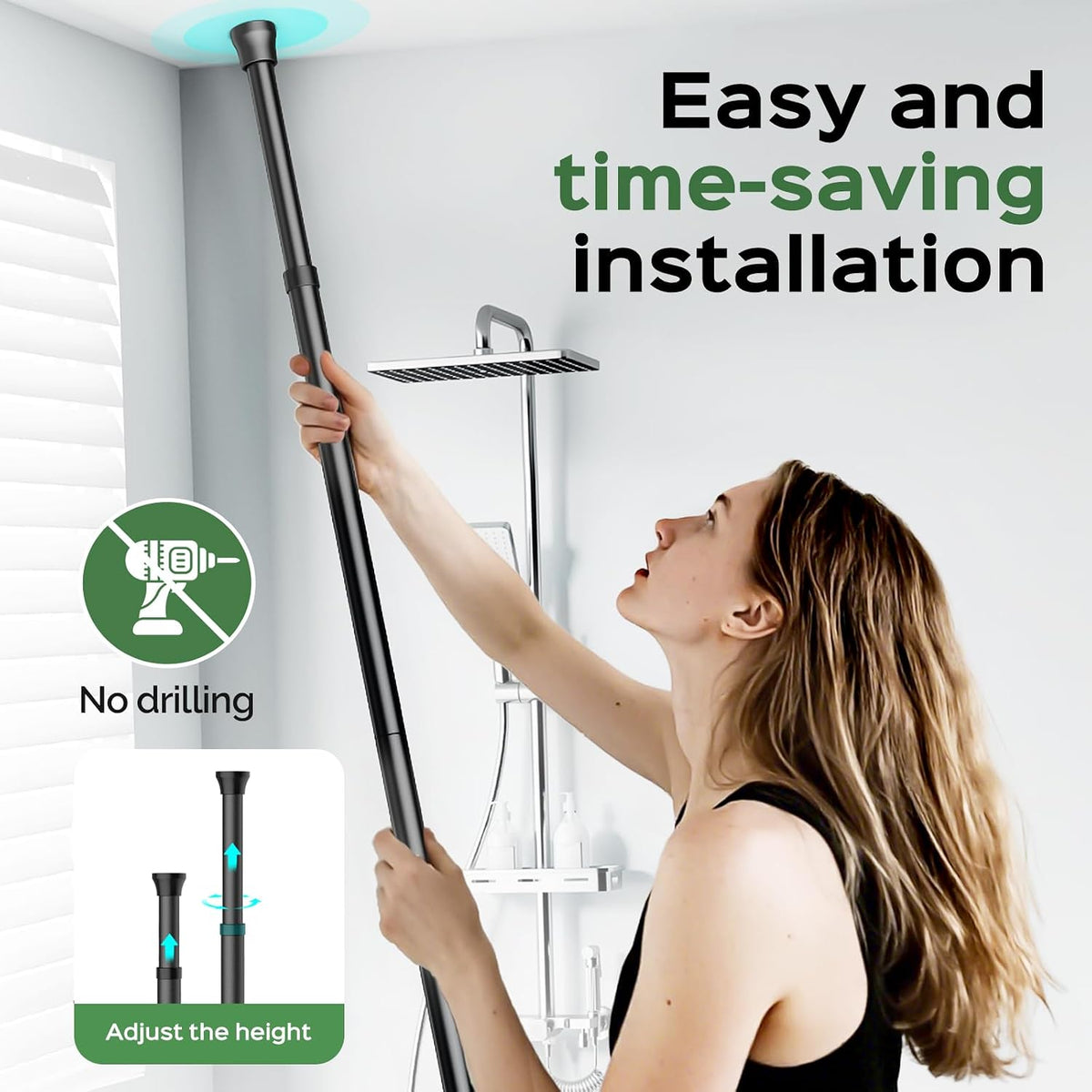 Shower Caddy Tension Pole: Rustproof Quick Install Standing Corner Bathroom Organizer Shelf on Floor for Renters - 4-Tier Large Capacity Storage Rack with Soap Holder for Apartment -Black