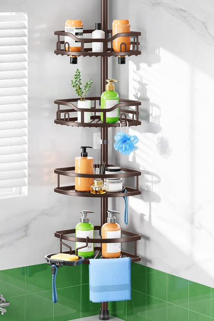 Shower Caddy Tension Pole: Rustproof Quick Install Standing Corner Bathroom Organizer Shelf on Floor for Renters - 4-Tier Large Capacity Storage Rack with Soap Holder for Apartment -Black