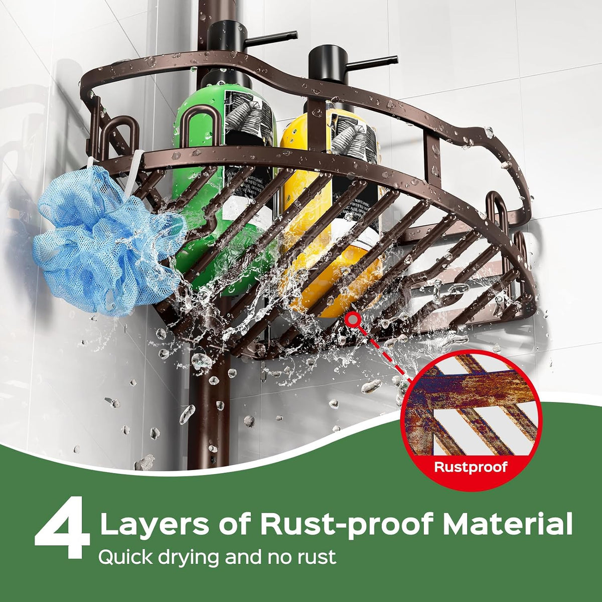 Shower Caddy Tension Pole: Rustproof Quick Install Standing Corner Bathroom Organizer Shelf on Floor for Renters - 4-Tier Large Capacity Storage Rack with Soap Holder for Apartment -Black